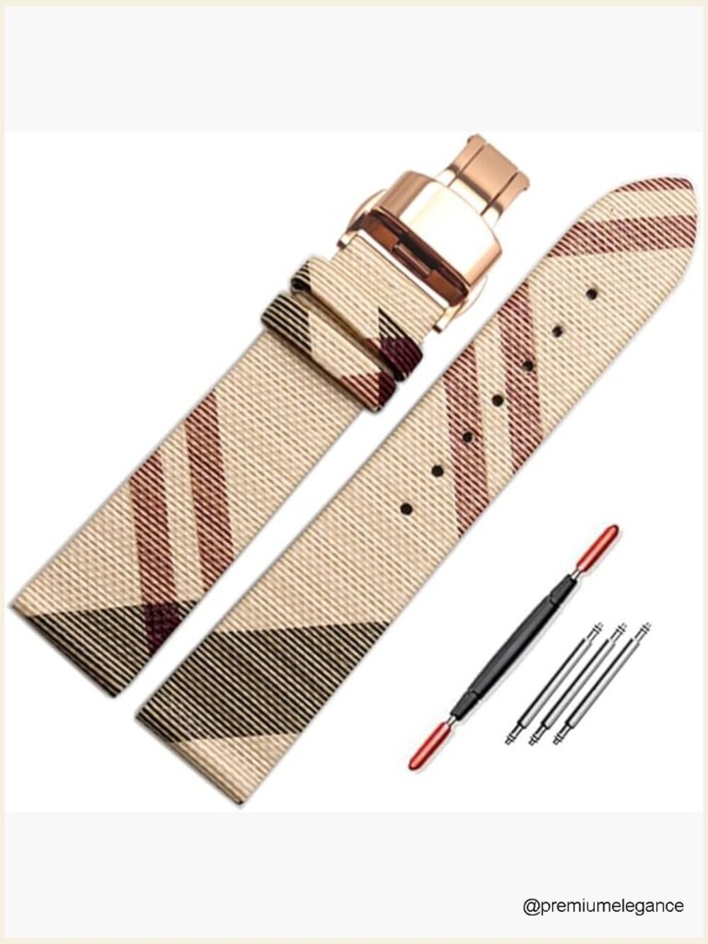 Luxury Beige Plaid Leather Watch Band Quick Release Strap Butterfly Deployment